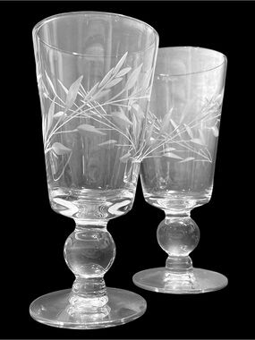 Vintage 1960s Javit Crystal Juice/Wine Glasses Set (2) - Etched Floral Clear